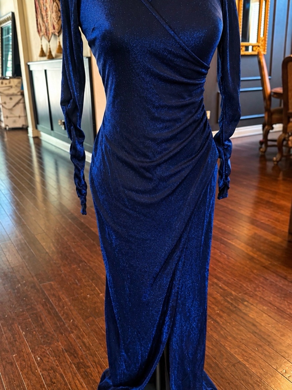 Elegant Sparkle royal blue Long-Sleeve Ruched Evening Dress